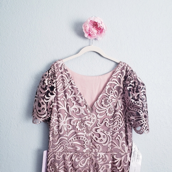 JS Collections Embroidered Mesh Flutter Sleeve Elegant Lace Evening Gown - Picture 8 of 14